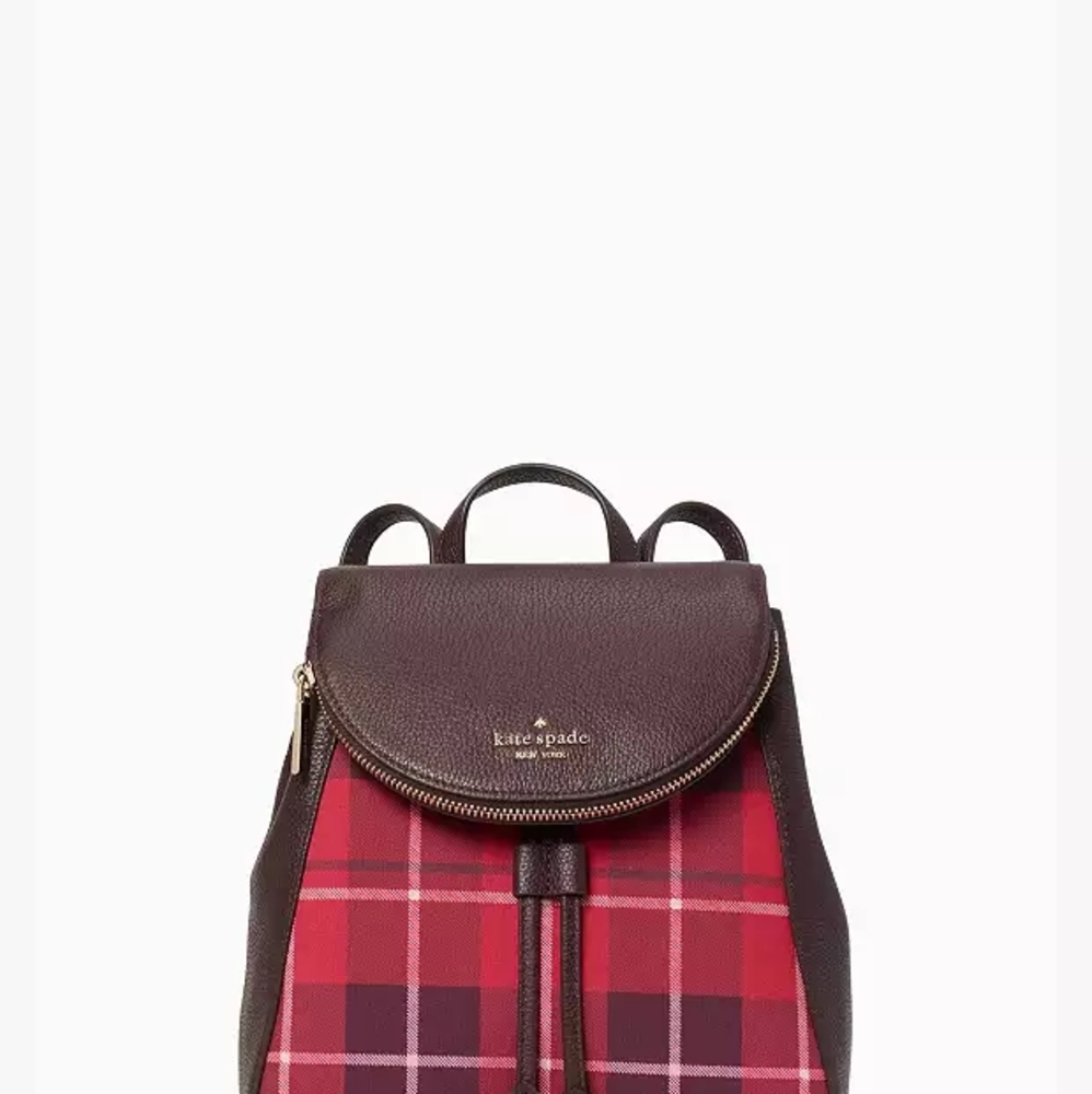 Kate Spade Red and Brown Backpack with Plaid Design